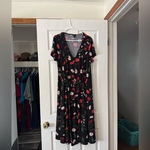 Black Floral Button Front Midi Dress